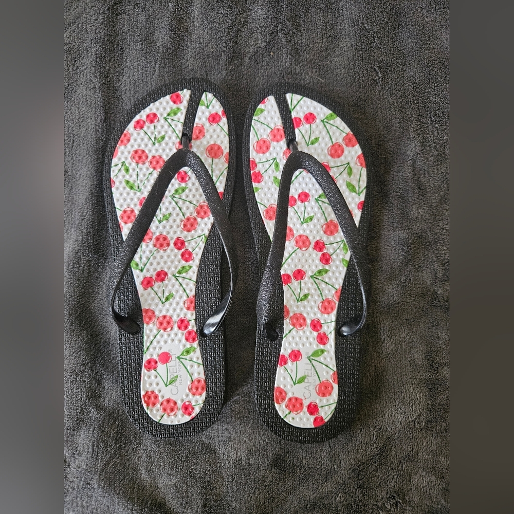 Women's Black Flip Flops With Cherries